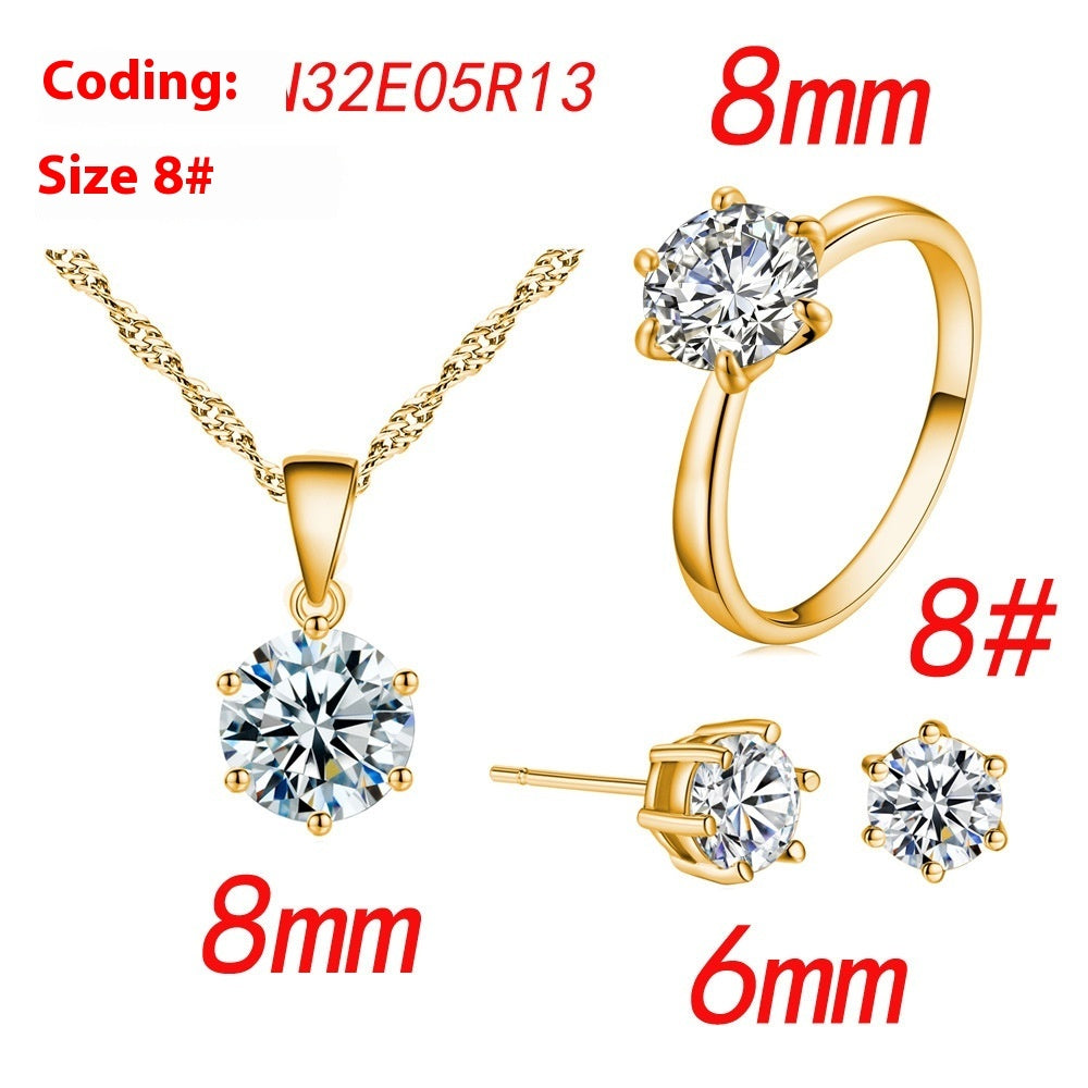 Six-claw Color Zircon Necklace Ear Stud Ring Wedding Ornament Suit