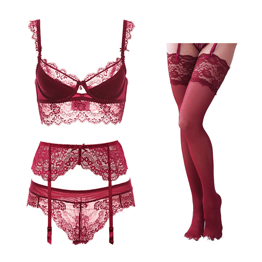 Court Style Wine Red Lace Bra Set Women