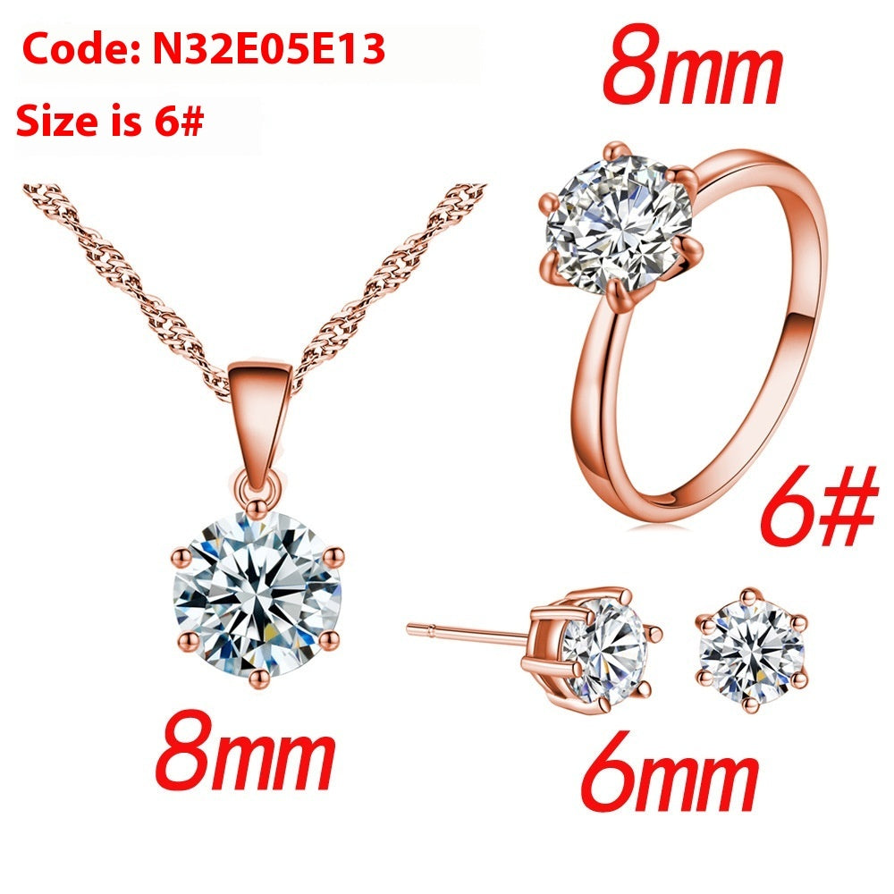 Six-claw Color Zircon Necklace Ear Stud Ring Wedding Ornament Suit