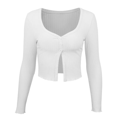 Long Sleeved Crop Cardigan Top Sexy Button Knit T-shirt