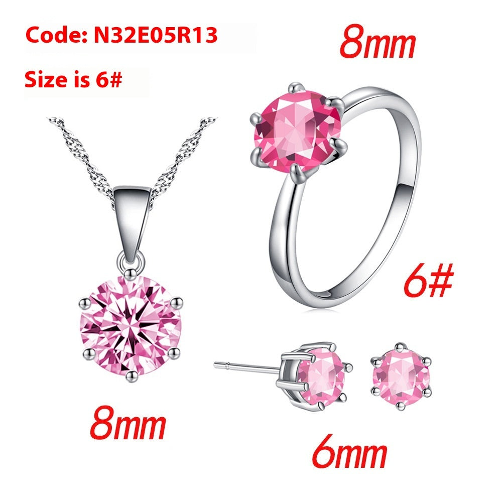 Six-claw Color Zircon Necklace Ear Stud Ring Wedding Ornament Suit