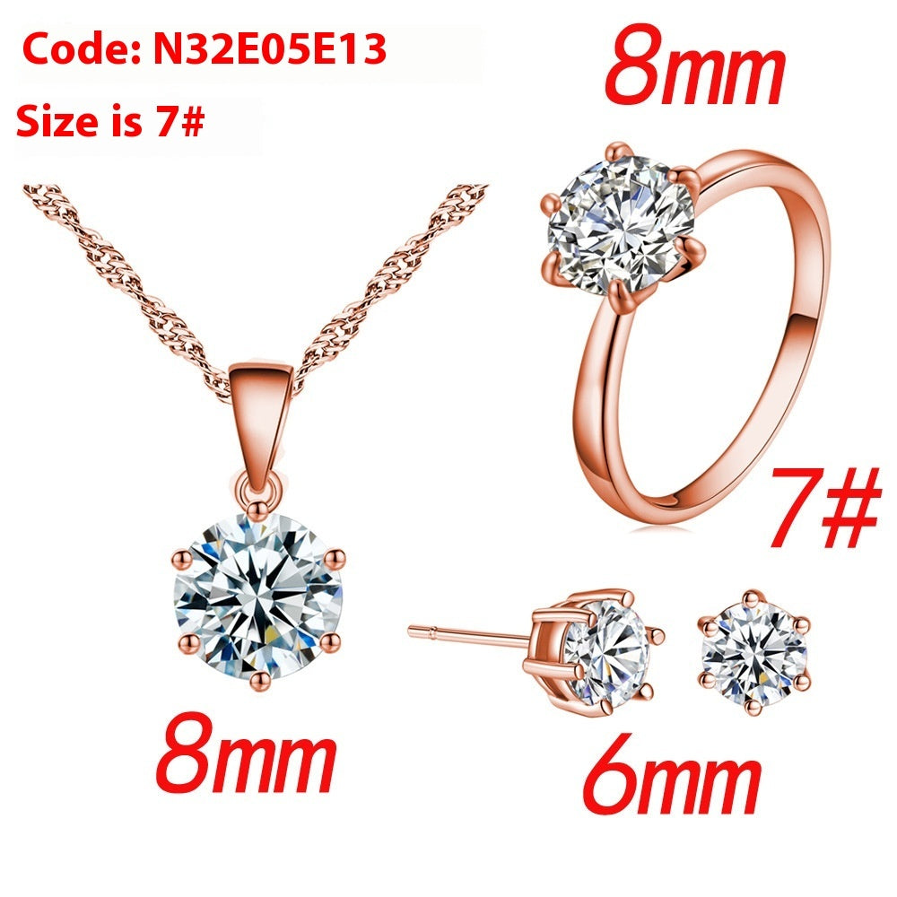 Six-claw Color Zircon Necklace Ear Stud Ring Wedding Ornament Suit