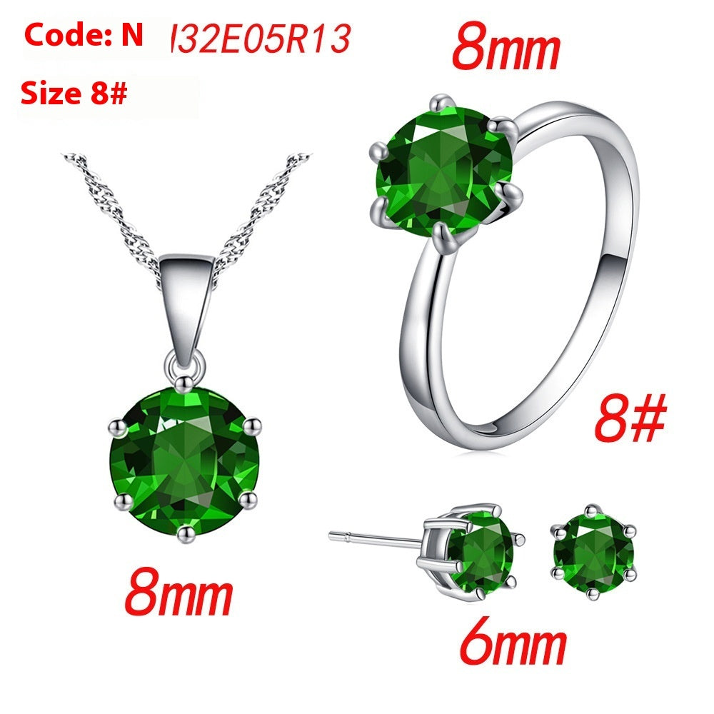 Six-claw Color Zircon Necklace Ear Stud Ring Wedding Ornament Suit