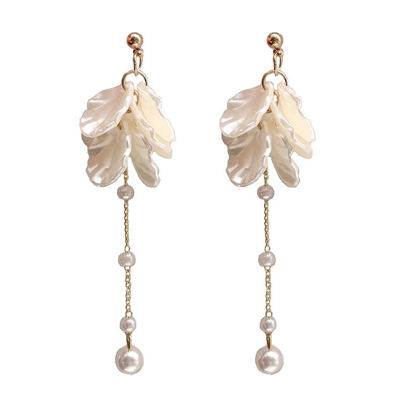 White Petal Long Tassel Round Face Female Stud Earrings