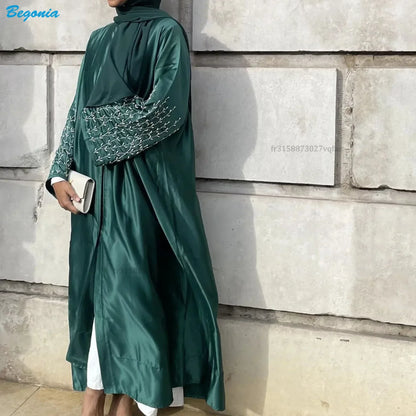 Summer Open Abaya Kimono Dubai Party Kaftan Solid Beaded Muslim Fashion Hijab Dress Abayas for Women Turkey Islam Modest Outfit