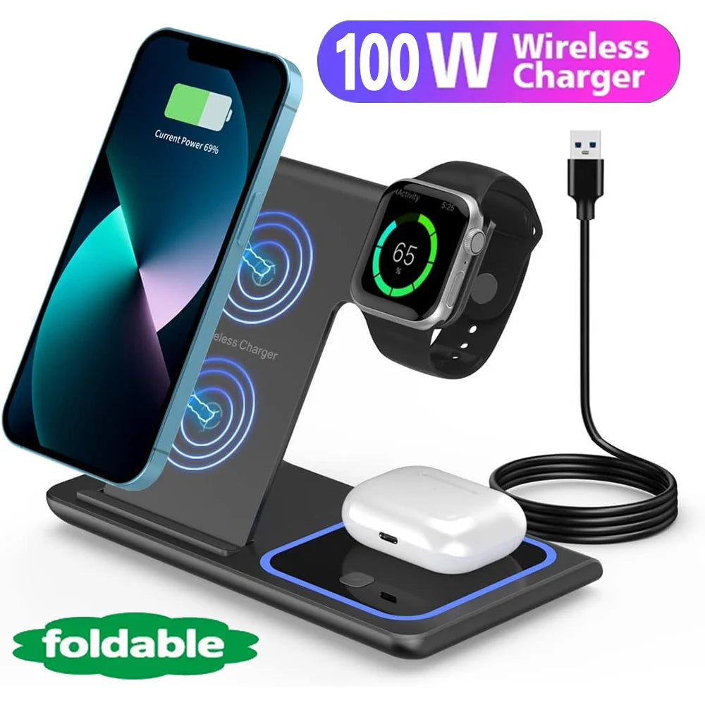 100W Fast 3 in 1 Foldable Charging Wireless Charger Stand For iPhone 15 14 13 12 Apple WatchStation For Airpods Pro iWatch 9 8 7