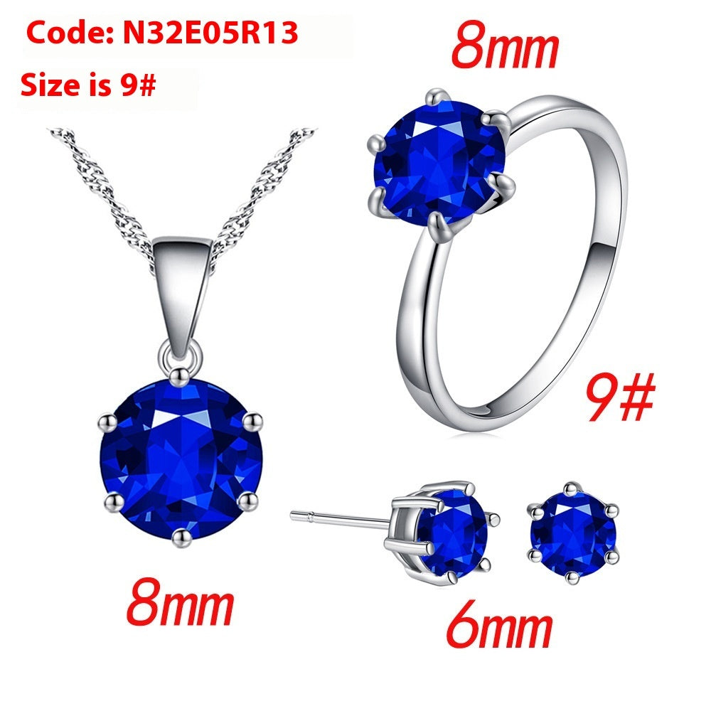 Six-claw Color Zircon Necklace Ear Stud Ring Wedding Ornament Suit