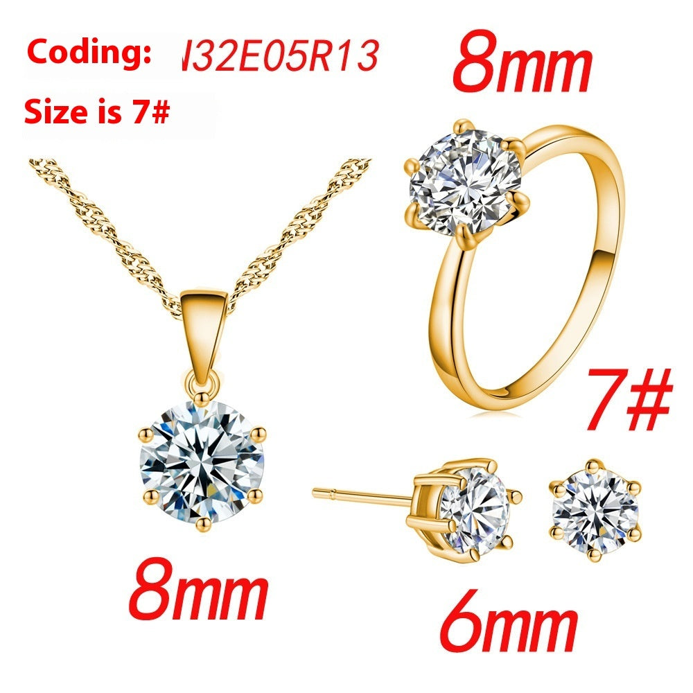 Six-claw Color Zircon Necklace Ear Stud Ring Wedding Ornament Suit