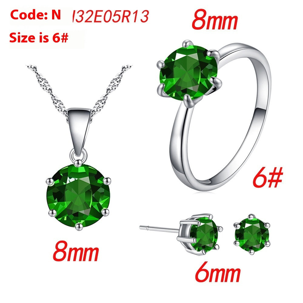 Six-claw Color Zircon Necklace Ear Stud Ring Wedding Ornament Suit