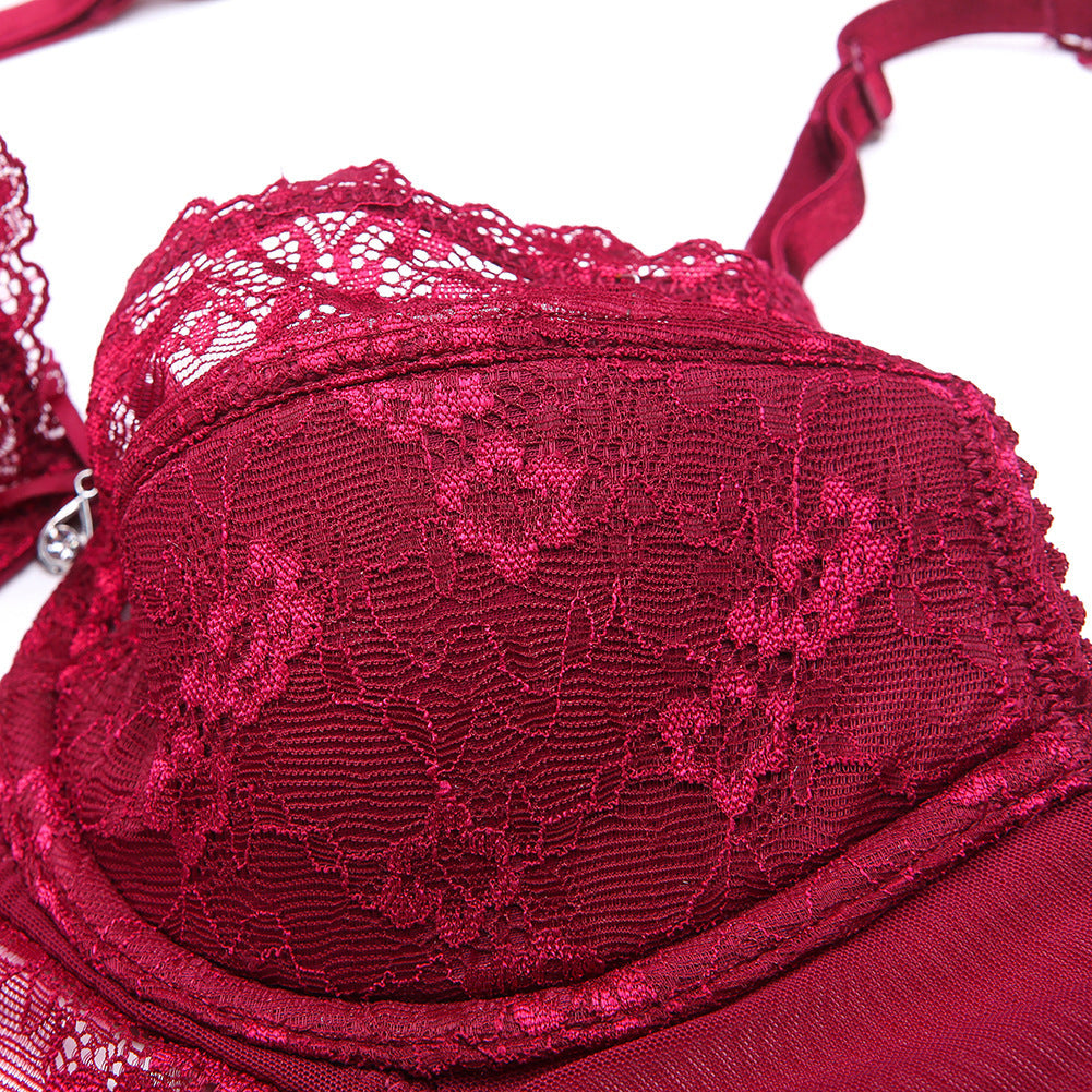 Court Style Wine Red Lace Bra Set Women